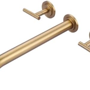 WOWOW Gold Wall Mount Tub Filler - High Flow Solid Brass Faucet with Long Spout Reach & Two Handles - Includes Brass Rou