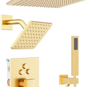 Brushed Gold Shower Faucet Set | Dual Shower System for Luxurious Home Spa | 10'' Ceiling & 6'' Wall Mounted Heads | Han