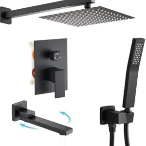 Matte Black Shower Faucet Set with Tub Spout | Modern Rainfall Shower Head & Handheld Combo | Complete Valve and Trim Ki