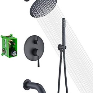 Matte Black Rain Shower System + Waterfall Tub Spout + Complete Shower Faucet Set for Modern Bathrooms + Luxurious 8-Inc