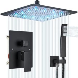 Matte Black LED Rainfall Shower System | 12-Inch Ceiling Mount Faucets Set | Complete Shower Set with Rough-in Valve Bod