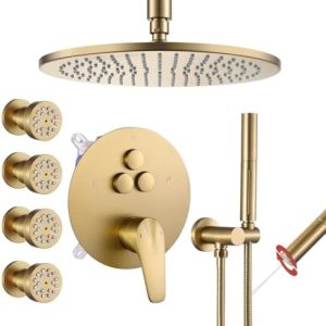 VANFOXLE Brushed Gold Shower Faucet Set | 10 Inch LED Shower Head | 4 PCS Dual Modes Body Jets | Luxury Bathroom | Easy