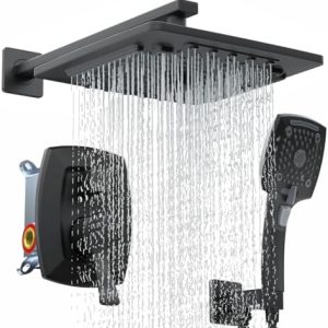 ELLO&ALLO Matte Black Rainfall Shower Faucet Set with Valve for Modern Bathrooms - Includes Handheld Showerhead Combo -