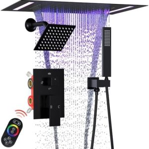 ENGA Dual Rain Shower Head System | 14x20inch LED Ceiling Mount | 6 Inch Rainfall Faucet Set | Matte Black Finish | Clim